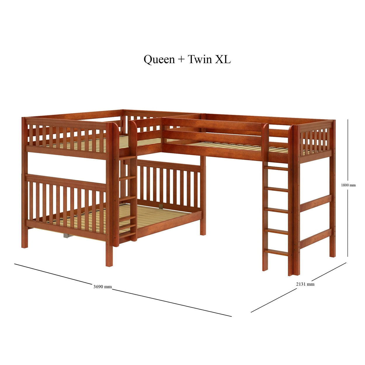 Queen and Twin XL wooden loft bunk bed with ladder in L-shape design.