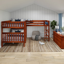Stylish wooden bunk bed in a cozy, modern bedroom with white paneled walls and natural decor elements.