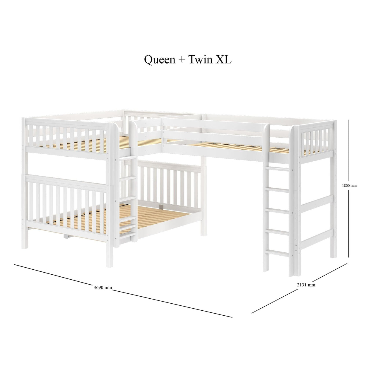 L-shaped white wooden bunk bed combining queen and twin XL size with ladders.