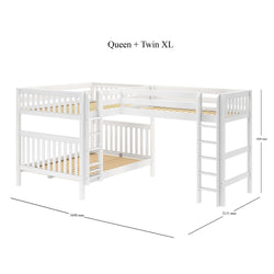 L-shaped white wooden bunk bed combining queen and twin XL size with ladders.