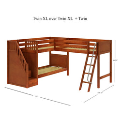 L-shaped wooden bunk bed with staircase and ladder, featuring twin XL over twin XL and twin configurations.