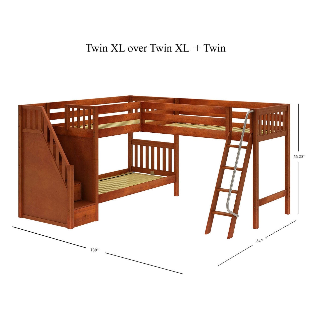 Wooden L-shaped triple bunk bed with stairs and ladder, featuring twin XL and twin sleeping areas, ideal for maximizing space in children's bedrooms.