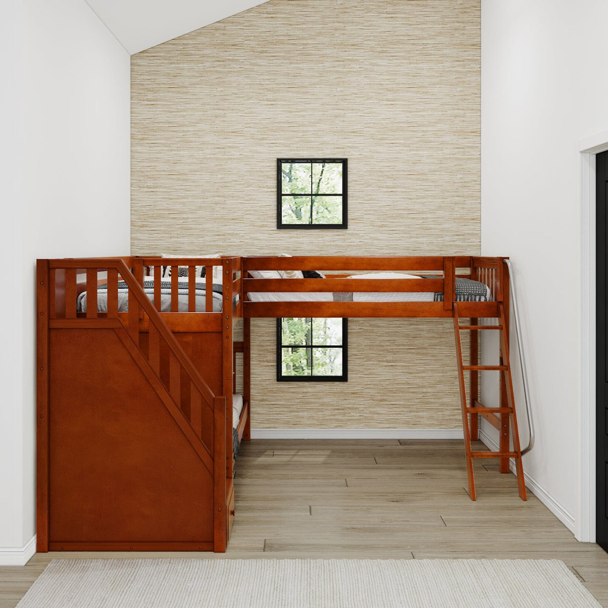 Loft bed with built-in staircase and desk in modern kids' bedroom.