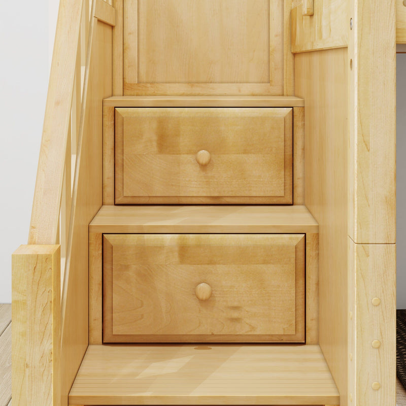 Built-in under-stair wooden drawers with natural maple finish and round knobs for space-saving storage