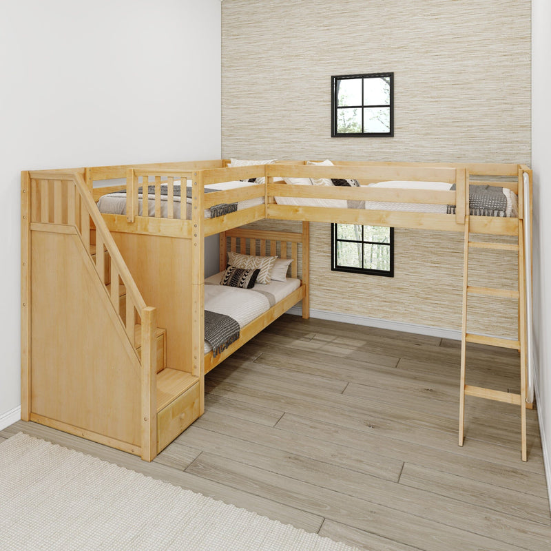 Solid natural wood bunk bed with staircase in a modern neutral kids' bedroom featuring textured grasscloth accent wall, black-framed windows and light wood flooring