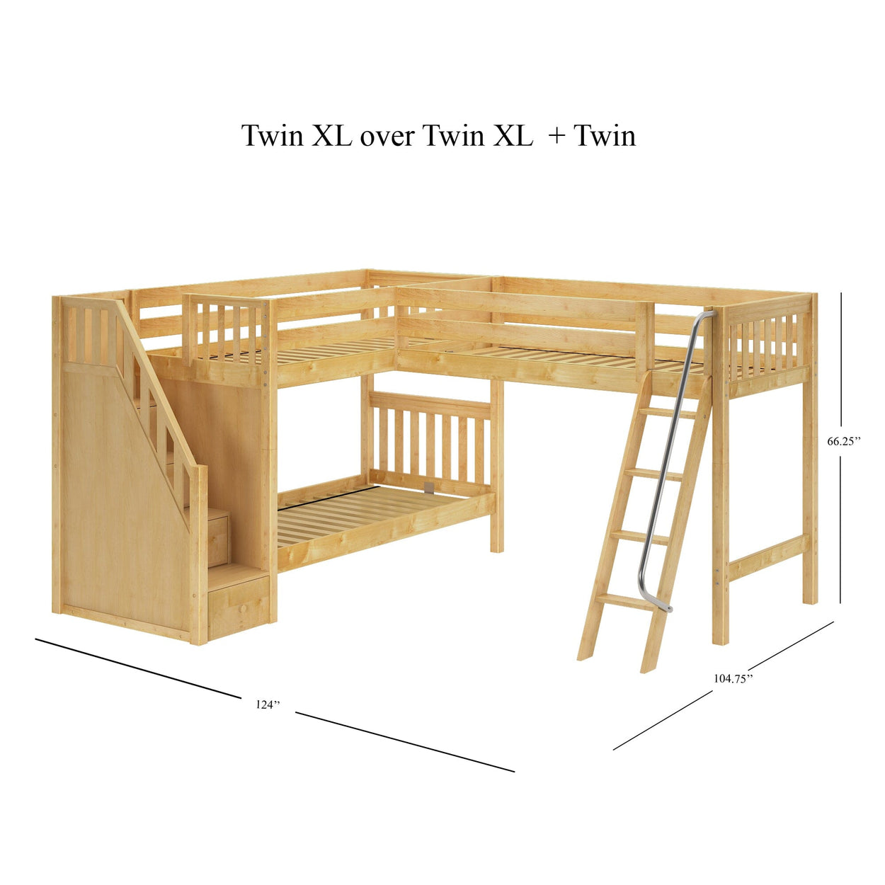 L-shaped twin XL bunk bed with staircase and ladder in natural wood finish, dimensions 124" x 104.75" x 66.25".