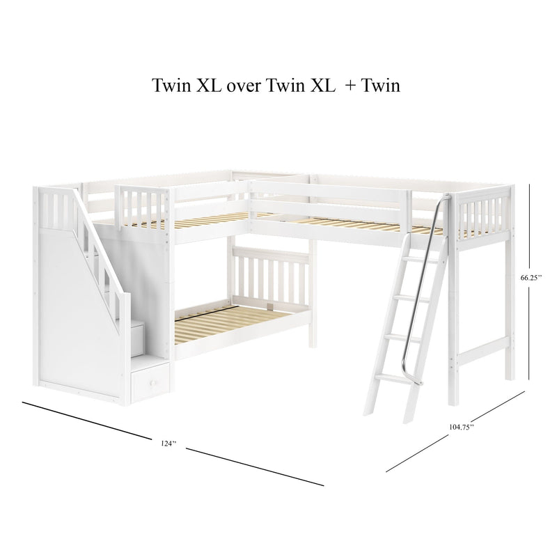 White wooden loft bunk bed (Twin XL over Twin XL + Twin) with ladder, staircase storage drawers, safety rails and slatted mattress platforms — 124" x 104.75" x 66.25" space-saving kids' bedroom solution