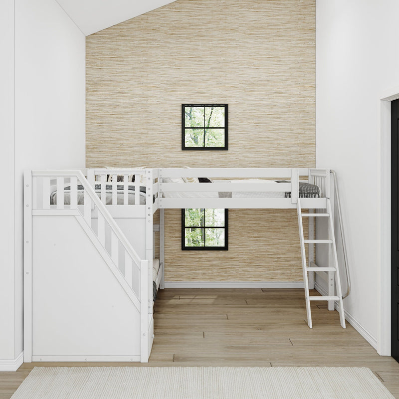 Modern minimalist kids' bedroom with white wooden bunk beds and ladder, natural grasscloth accent wall, black-framed windows and hardwood floors