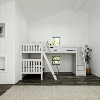 White loft bed with slide and storage steps in modern kids bedroom.