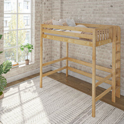 Wooden loft bed with ladder in a bright room with brick walls and large window.