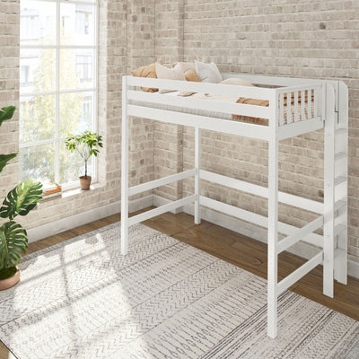 White wooden loft bed in a bright, modern bedroom with brick walls and indoor plants.