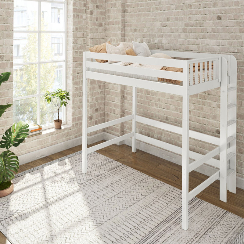 White wooden loft bed in a bright industrial-style bedroom with exposed brick wall, large window, neutral beige pillows, potted plants and patterned area rug