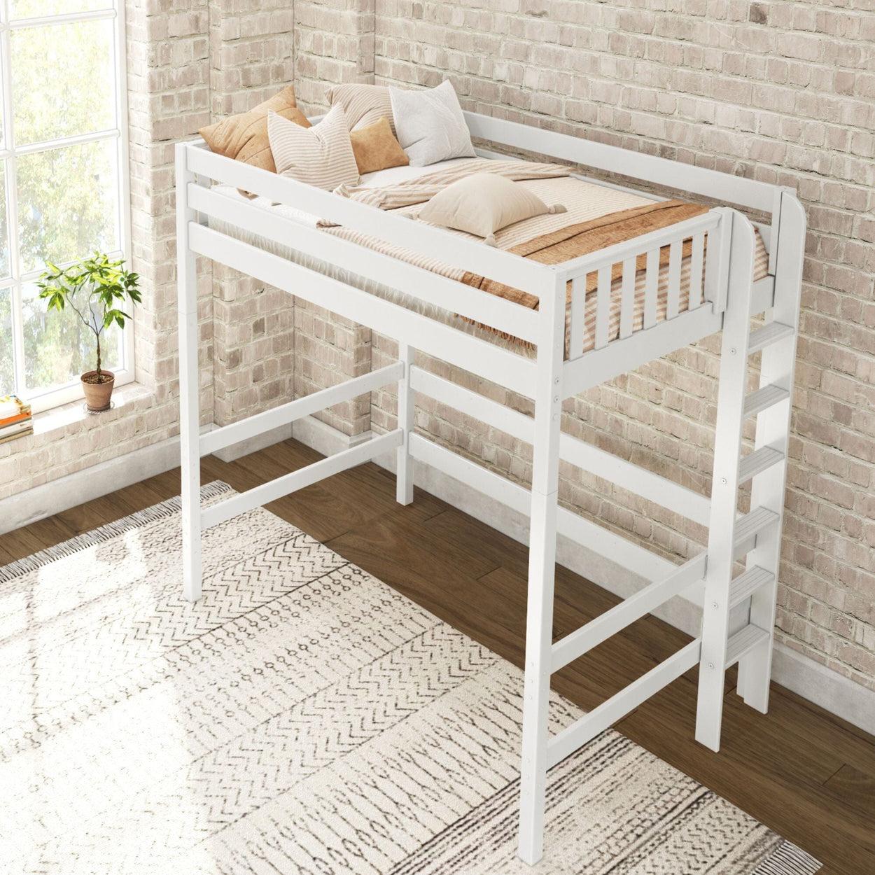 White wooden loft bed in a bright, cozy bedroom with brick walls and a patterned rug.