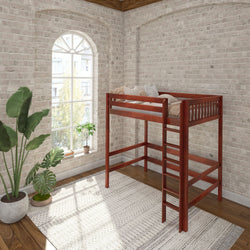 Loft bed in modern brick-walled bedroom with large window and indoor plants.