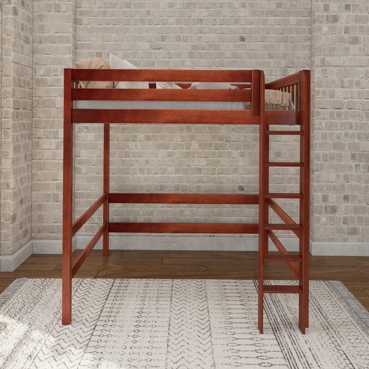 Wooden loft bed with ladder against a brick wall in a modern bedroom.