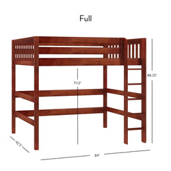 Full-size wooden loft bed with ladder and dimensions 71.12 inches height, 88.25 inches length, and 42.5 inches width.
