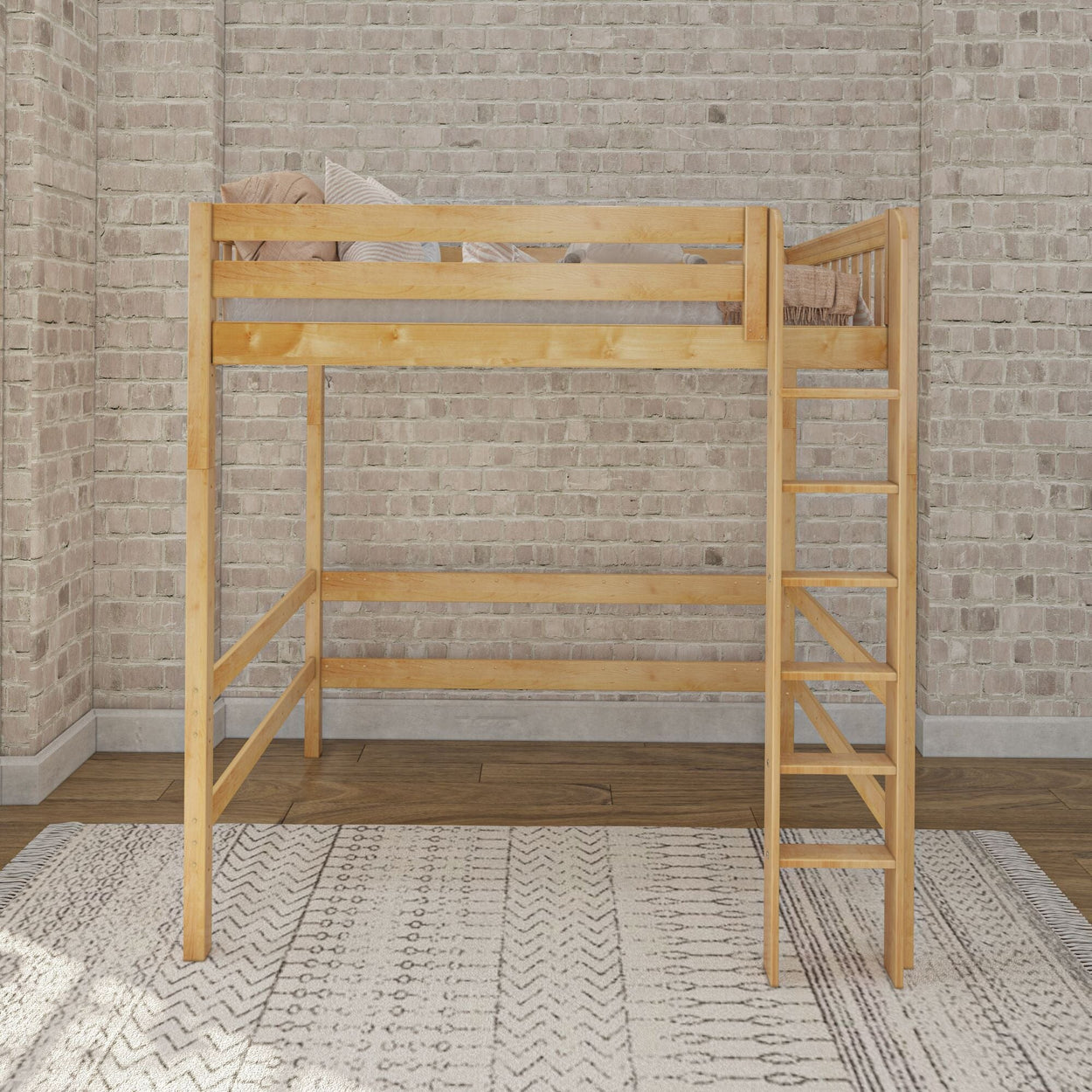 Wooden loft bed with ladder against exposed brick wall in modern bedroom.