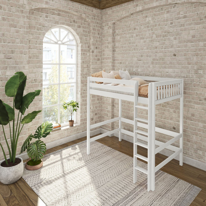White loft bed in modern kids' nursery with exposed brick wall, arched window, natural light, neutral bedding and indoor plants