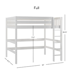 Full-size white loft bed with ladder and dimensions: 42.5 inches wide, 71.12 inches high, and 84 inches long, ideal for maximizing bedroom space.