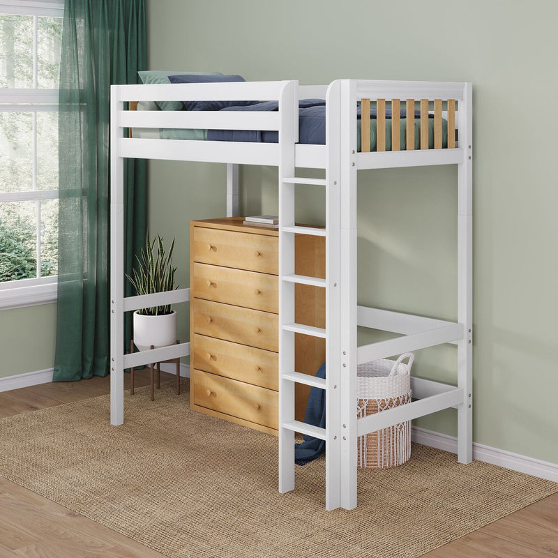 White loft bed with ladder and under-bed wooden dresser, blue bedding, green curtains and woven storage basket in a modern kids' bedroom