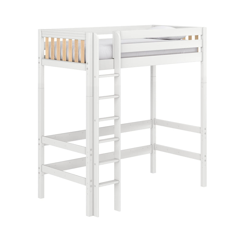 White wooden loft bed with ladder and safety rails, natural wood slat accents — space‑saving kids' loft bed frame for small bedrooms