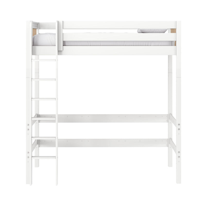 White loft bed with ladder and guardrails — twin high-sleeper kids bunk bed, space‑saving modern bedroom furniture