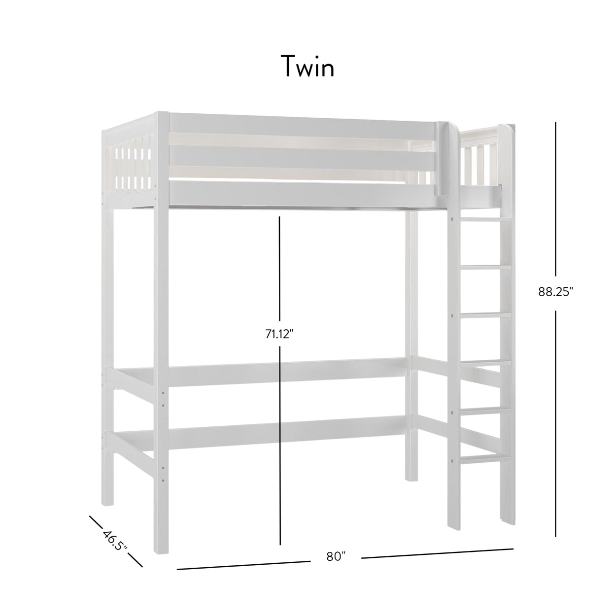 White twin loft bed with measurements: 88.25" height, 80" length, 46.5" width, ideal for maximizing bedroom space.