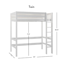 White twin loft bed with measurements: 88.25" height, 80" length, 46.5" width, ideal for maximizing bedroom space.
