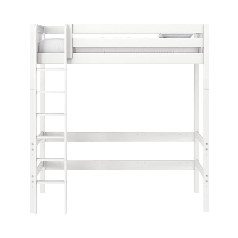 White wooden loft bed with ladder and guardrail, twin space-saving bunk bed frame for kids' room