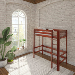 Loft bed in stylish minimalist room with brick walls and large window.