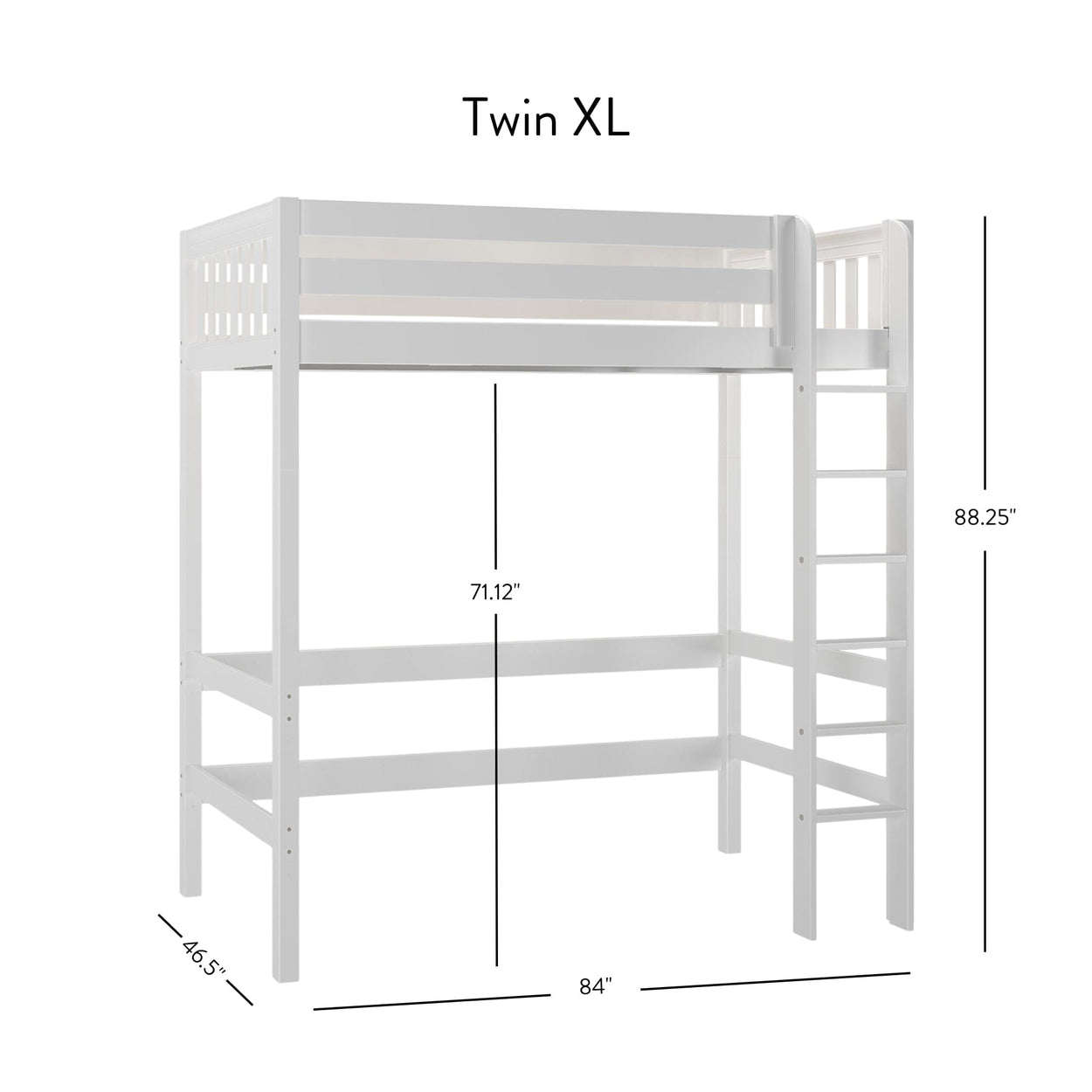 Twin XL loft bed with ladder and dimensions: 71.12" height, 88.25" width, 84" length, 46.5" depth.