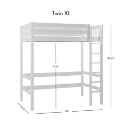 Twin XL loft bed with ladder and dimensions: 71.12" height, 88.25" width, 84" length, 46.5" depth.