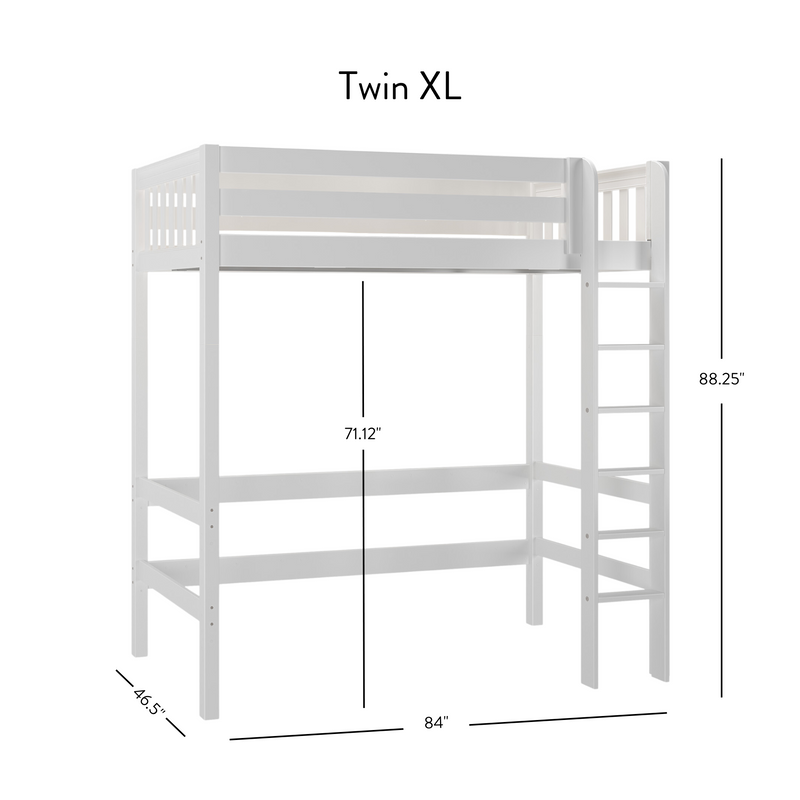 White Twin XL loft bed with ladder and guardrails, solid wood frame, dimensions 84 in L x 46.5 in D x 88.25 in H