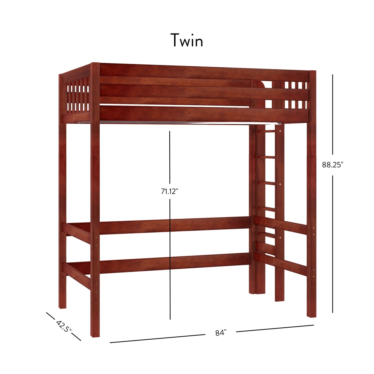 Twin size wooden loft bed frame with detailed measurements.
