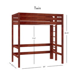 Twin size wooden loft bed frame with detailed measurements.