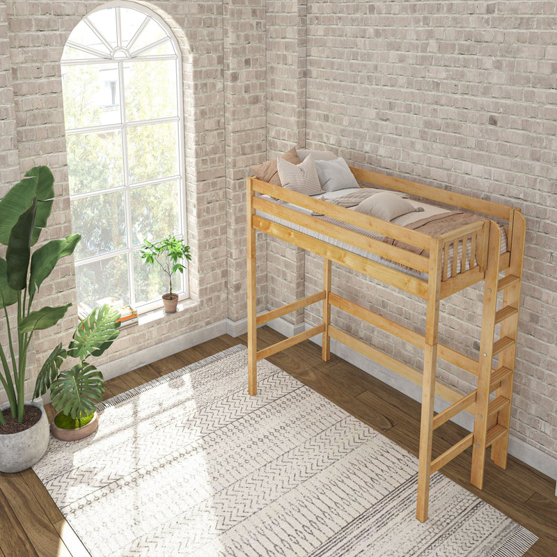 Wooden loft bed in a bright industrial bedroom with exposed white brick wall, arched window, neutral bedding and indoor plants