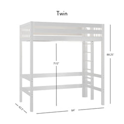 White twin loft bed frame with dimensions showing 71.12" height, 42.5" width, and 84" length.