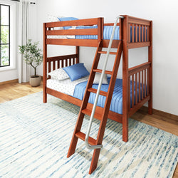 Red wooden bunk bed with blue bedding in a bright bedroom featuring a natural wood floor and large window.