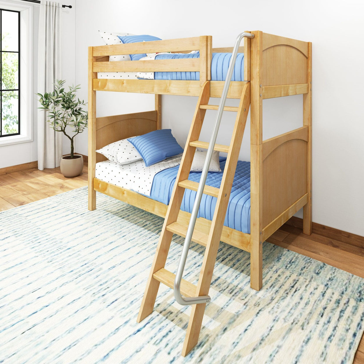 Wooden bunk bed with blue bedding in modern children's bedroom.