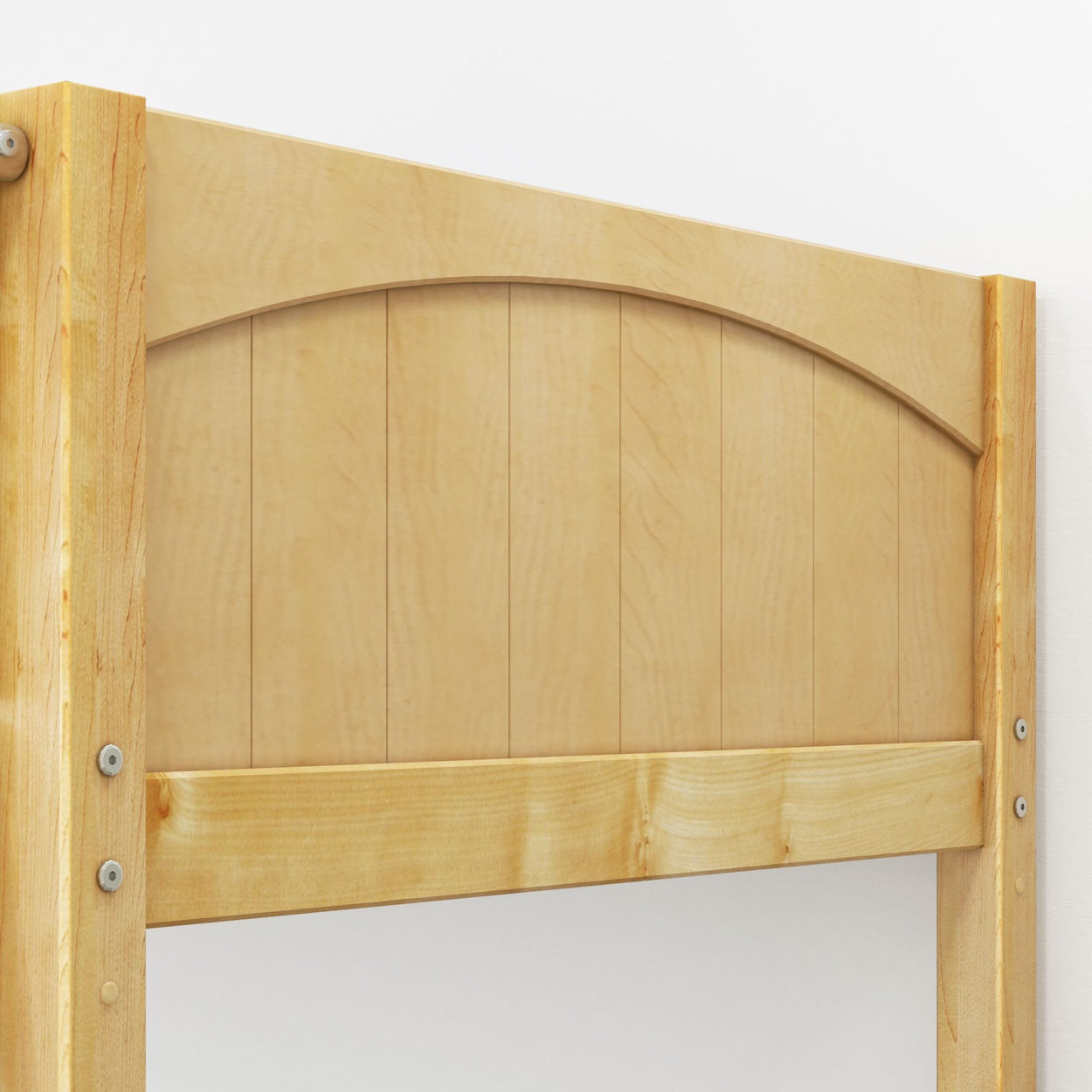 Natural wood headboard with arch design and panel detailing.