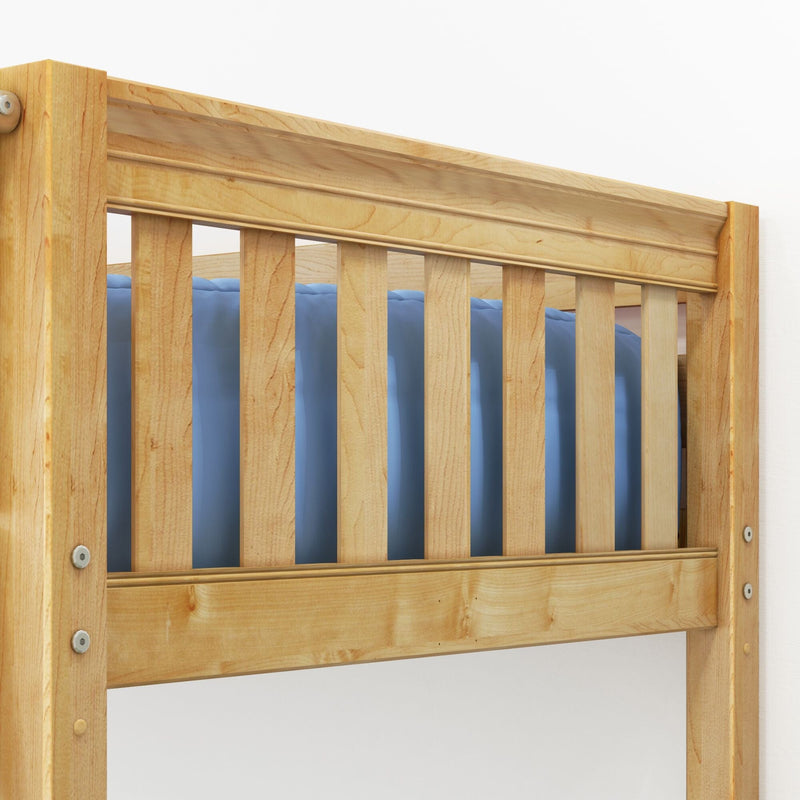 Close-up of natural maple finish solid wood bunk bed guardrail and slatted headboard with blue mattress bedding