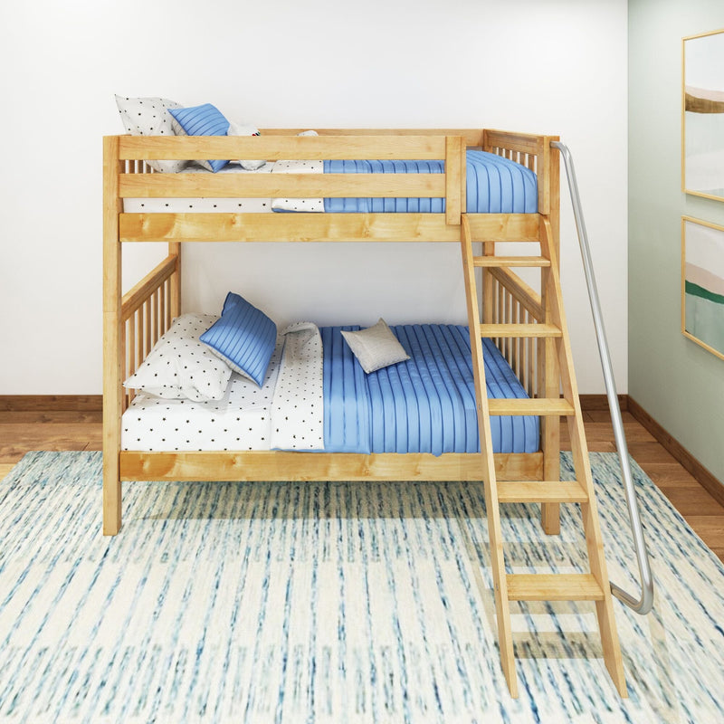 Natural wood bunk bed with ladder and blue quilted bedding, star-print sheets and pillows in a modern kids' bedroom