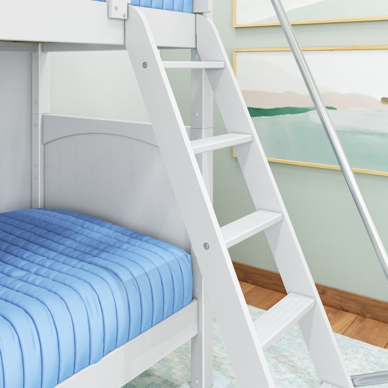 White wooden bunk bed with blue bedding and modern decor in a stylish bedroom.