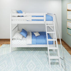 White wooden bunk bed with blue striped bedding and polka dot sheets, featuring a small ladder and set in a modern bedroom with light green walls.