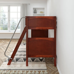 Wooden twin bunk bed with ladder in modern bedroom setting.