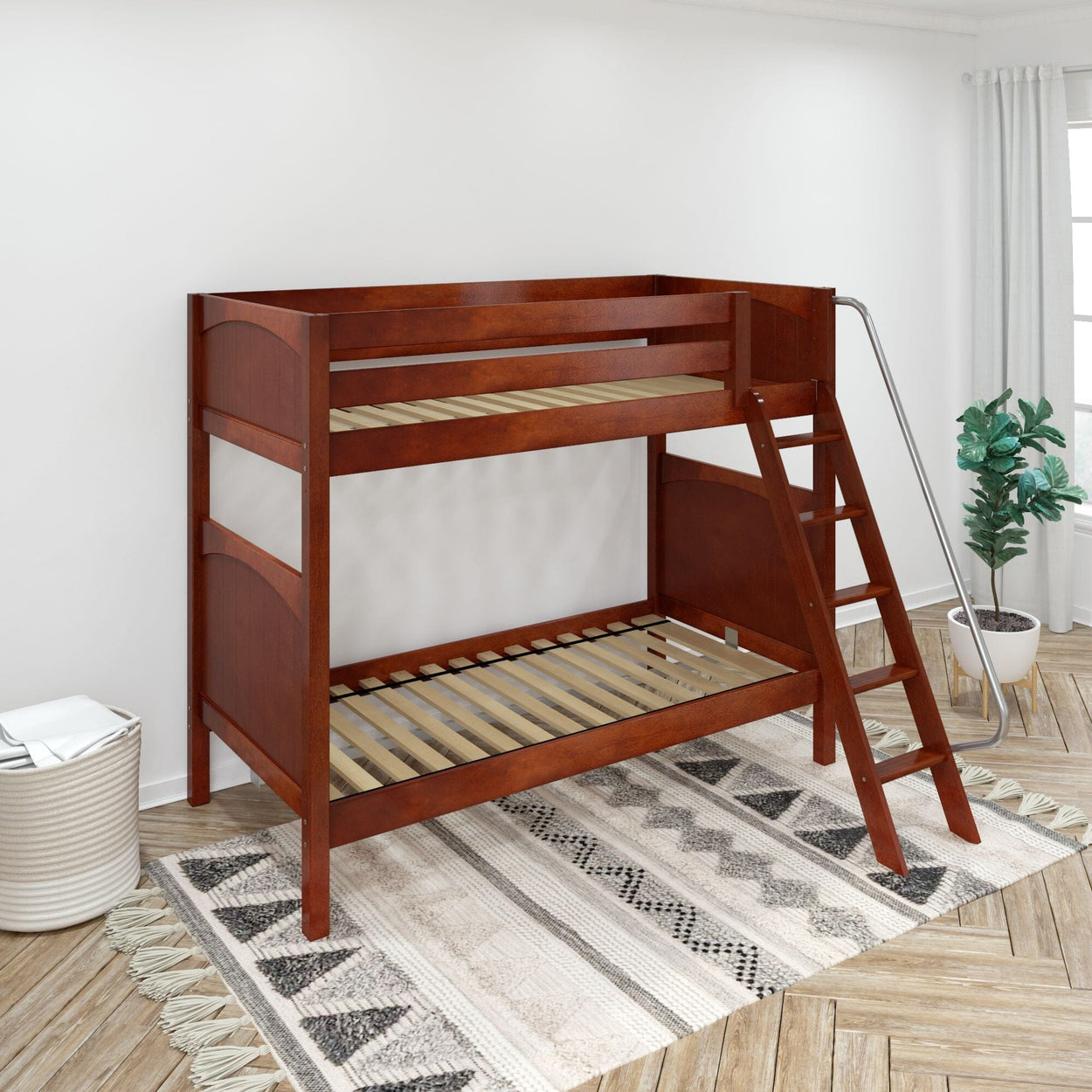 Stylish wooden bunk bed with ladder and cozy rug in modern bedroom setting.