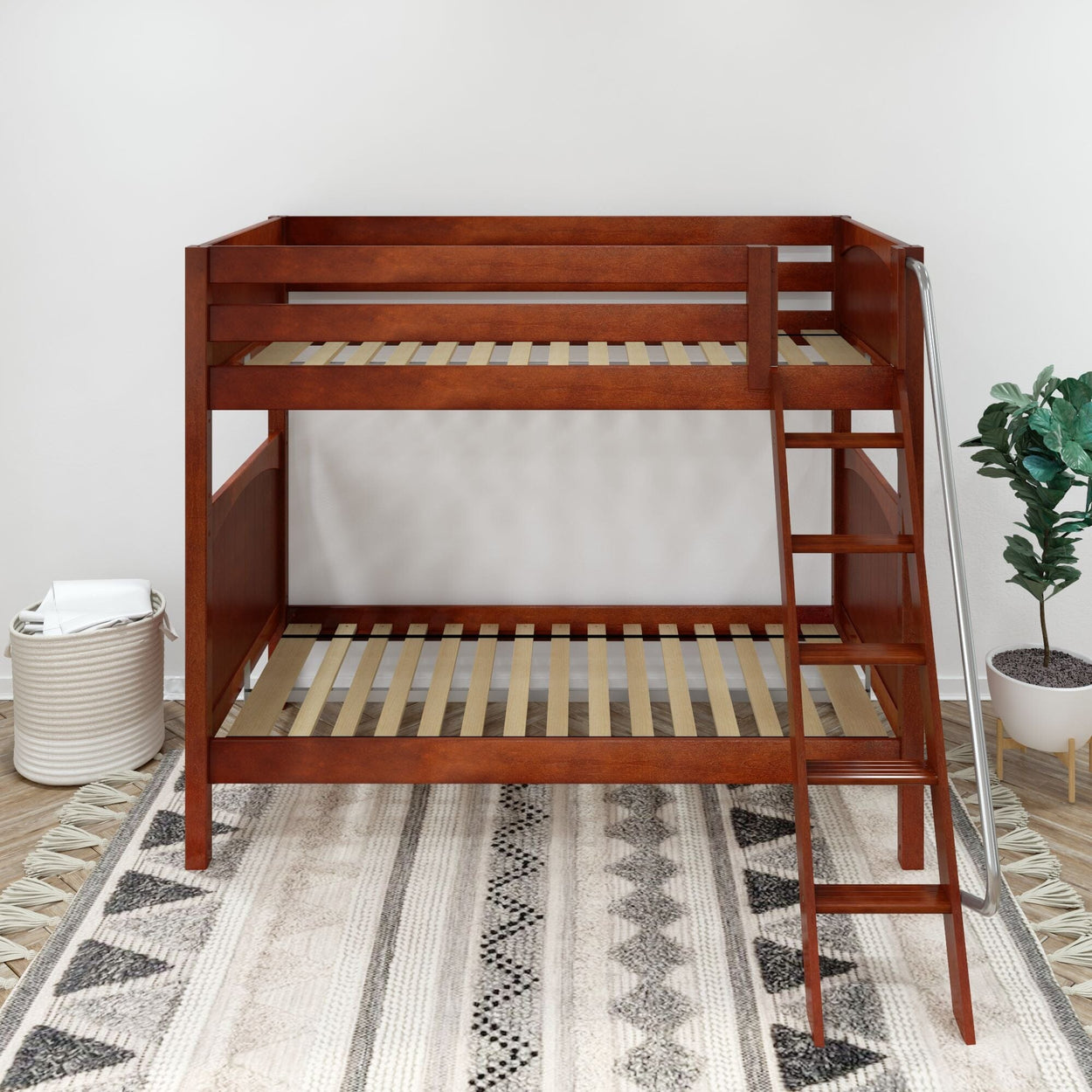 Wooden bunk bed frame with ladder on patterned rug in modern bedroom setting.