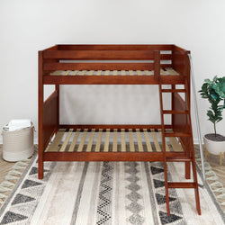Wooden bunk bed frame with ladder on patterned rug in modern bedroom setting.