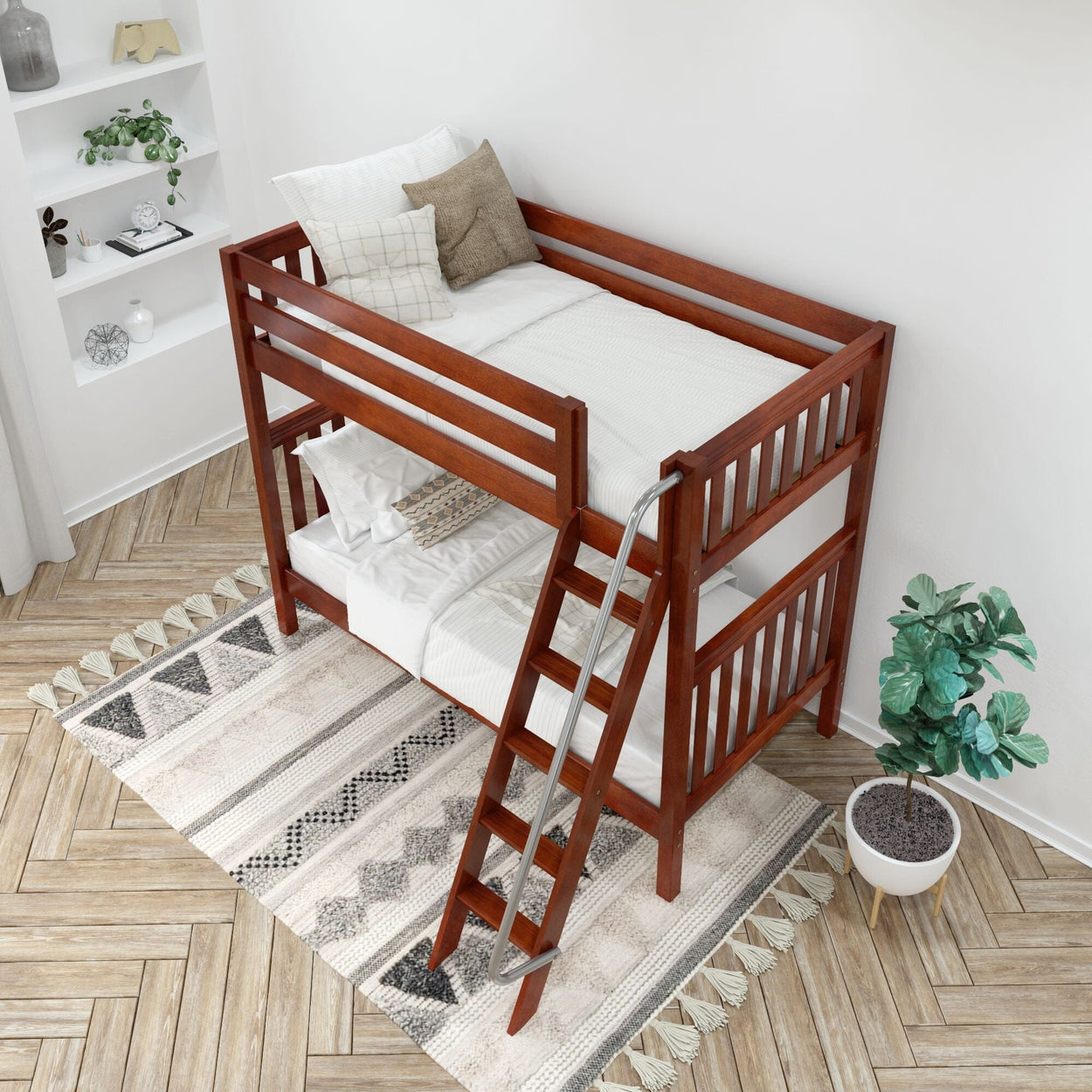 Children's wooden bunk bed with ladder in a cozy bedroom with decorative pillows and a potted plant.