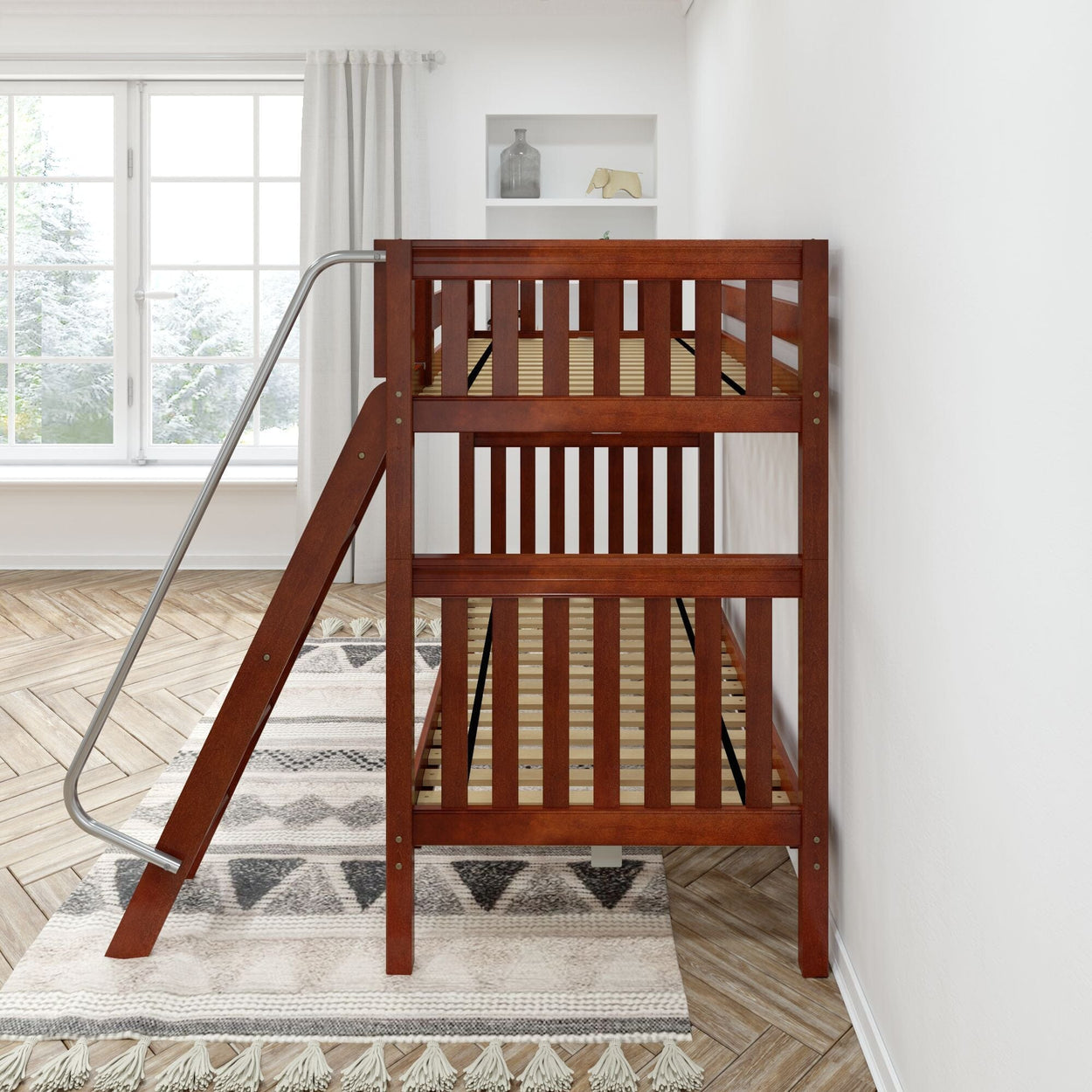 Wooden loft bed with ladder in modern minimalist bedroom setting.